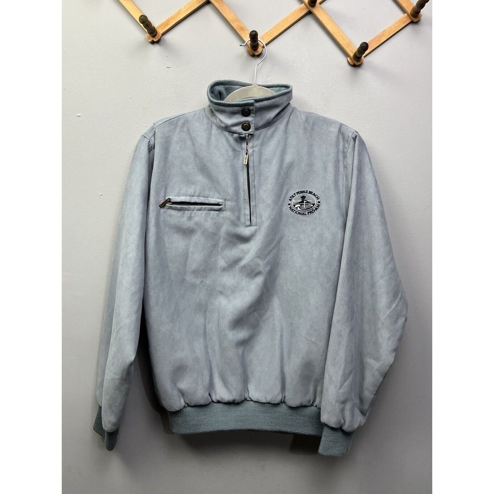 Pebble Beach Pro AM Pullover Jacket Womens Small Grey Blue Faux Suede 1/4 Zip